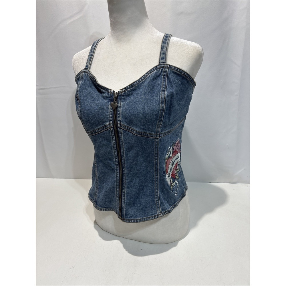 VTG Harley Davidson Denim Corset Top Women M Embroidered Heart Zip Lace Back Y2K